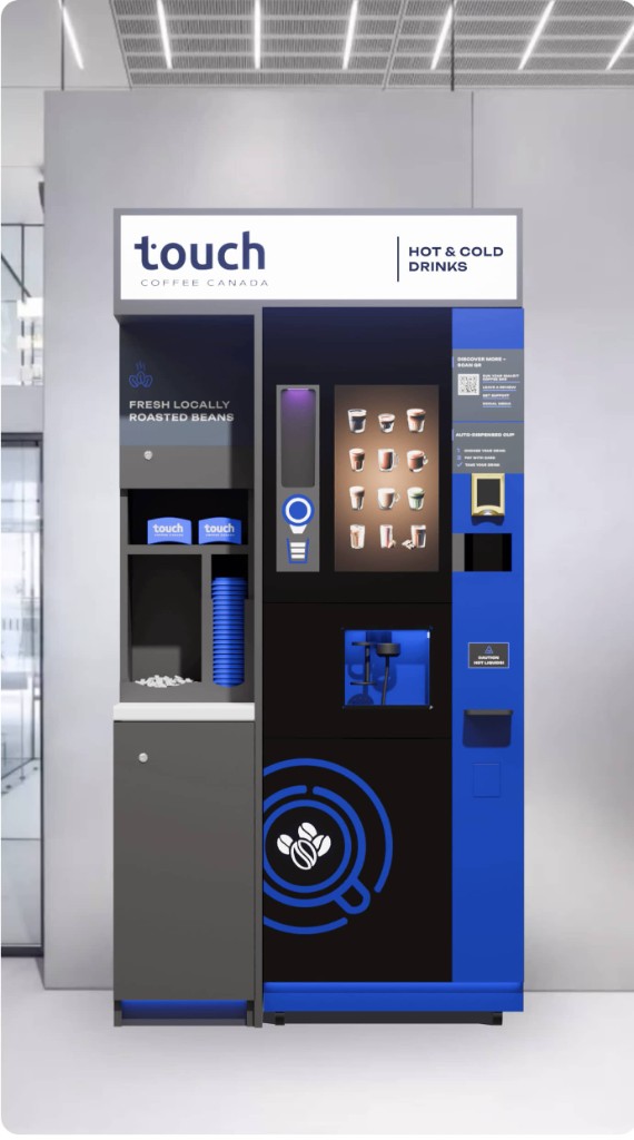 Premium Touch Coffee bar in a bright lobby, with the touch. sign, fresh beans, and a blue cup station.