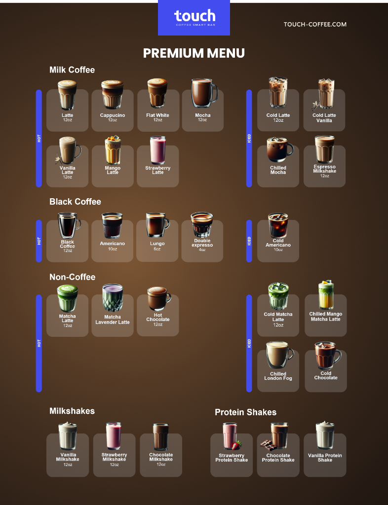 Premium menu on the Touch Coffee screen, showing milk coffee, black coffee, non-coffee drinks, milkshakes, and protein shakes.